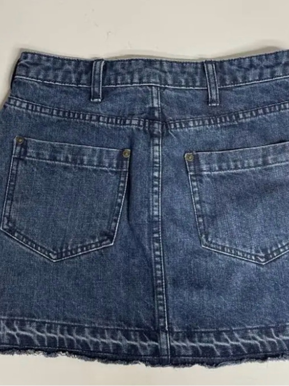 FREE PEOPLE Denim Mini Skirt in Washed Blue DISTRESSED HEM - Picture 4 of 9